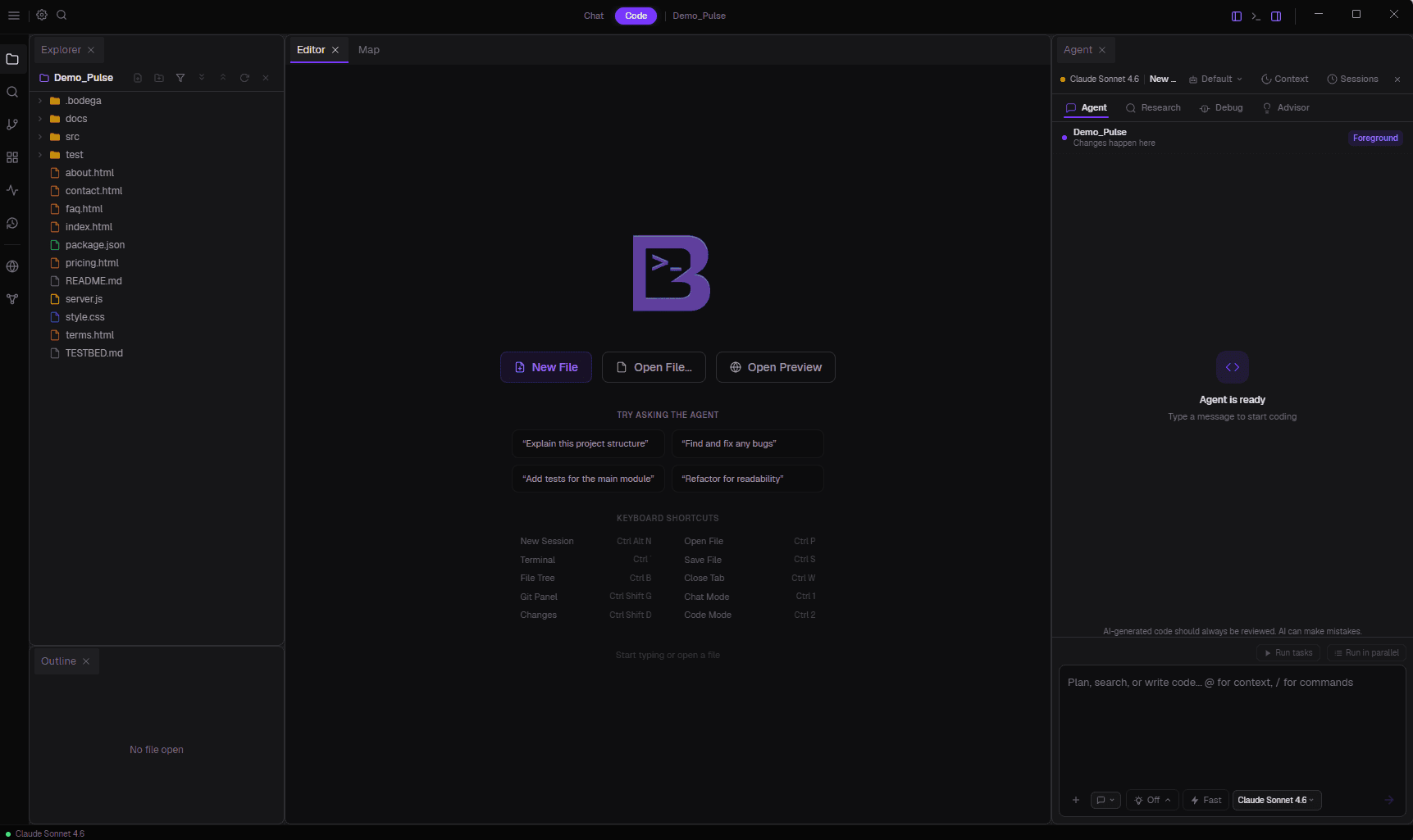 Bodega One Code in Code Mode: the file tree, editor, and the AI agent panel ready to work