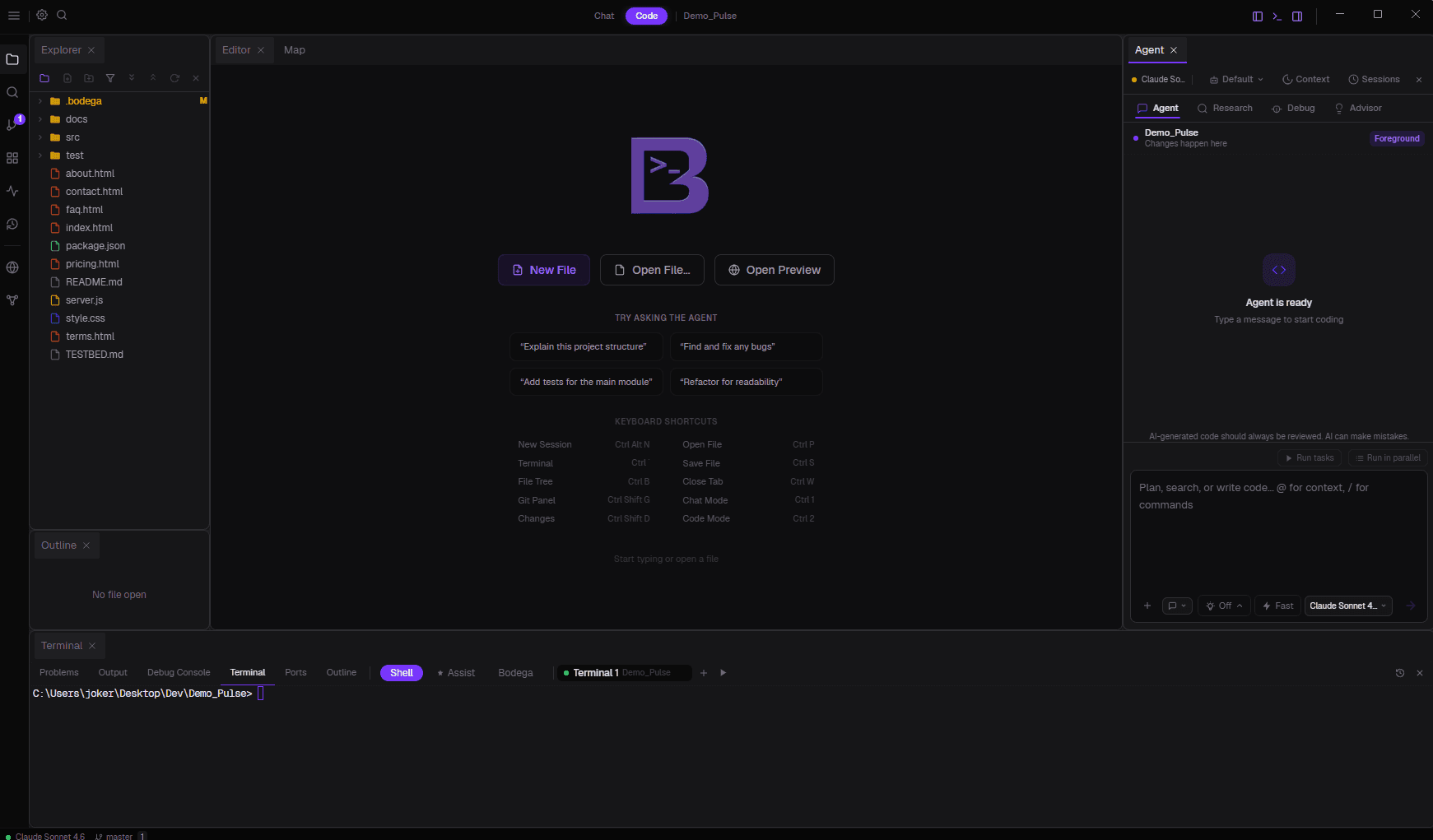 Bodega One Code running locally with the editor, agent panel, and terminal open together